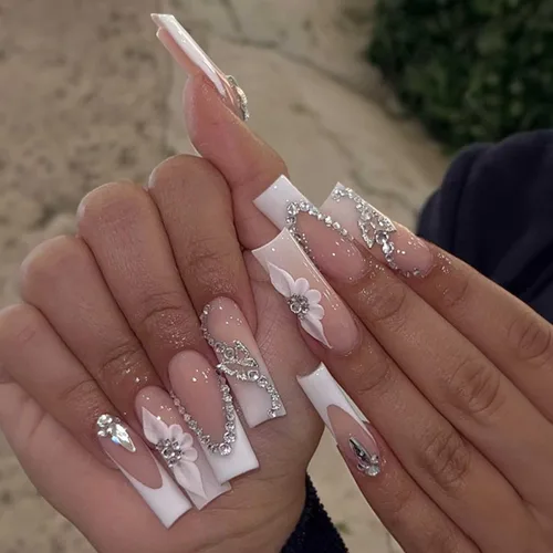 Vista 5 de Puntas de Uñas Francesas Rosadas Bailarina Uñas Postizas Largas Cuadradas de Presión Cobertura Completa Uñas Postizas Acrílicas de Mariposa