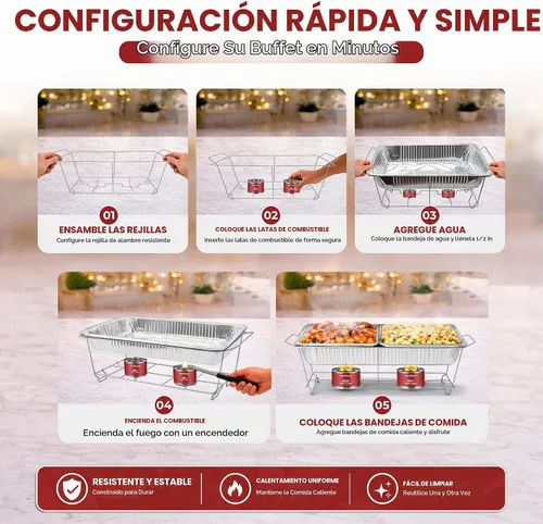 Vista 5 de Juego de platos desechables para bufé, 33 piezas de servidores de roce con calentadores de alimentos, cubiertas, sartenes de comida