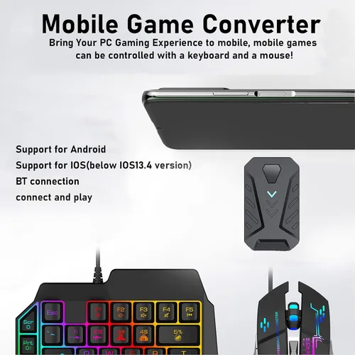 Vista 2 de Ratón con teclado para juegos con una sola mano, mouse con teclado para juegos con cable con adaptador convertidor para Android, iOS - Conexión BT