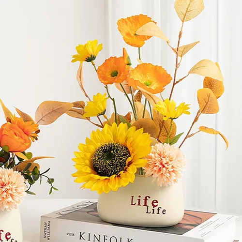 Vista 5 de Emivery Arreglo floral artificial de otoño, amapolas de girasol de seda con maceta de cerámica, flores sintéticas en maceta para centros de mesa