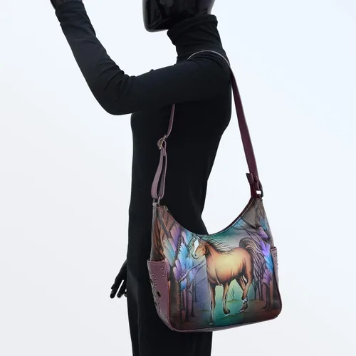 Vista 5 de Anuschka Bolso de hombro de cuero genuino para mujer, obra de arte original pintada a mano, hobo clásico con bolsillos laterales tachonados