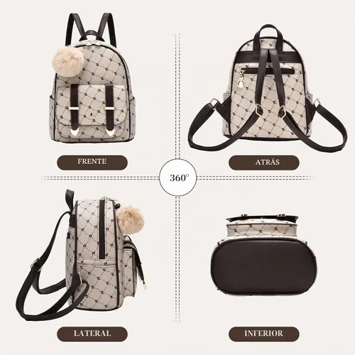 Vista 6 de I IHAYNER Mochila de moda para niñas, mini mochila para mujeres, adolescentes y niñas, monederos de piel sintética con pompón, bolsa de hombro Beige