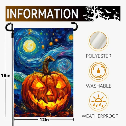 Vista 7 de Bandera de jardín de Halloween, bandera de jardín de calabaza Van Gogh, banderas de jardín, artes, cielo nocturno estrellado, luna, bandera
