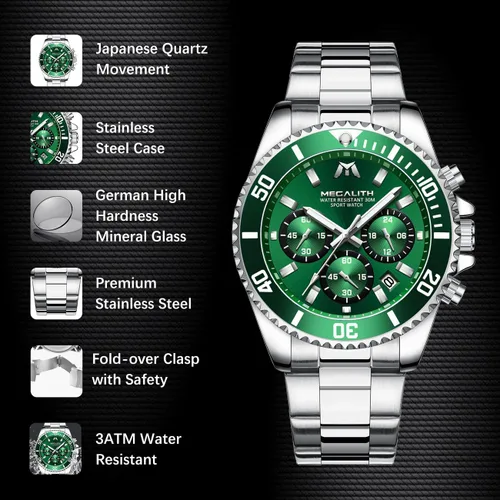 Vista 7 de MEGALITH Relojes para hombre, de acero inoxidable, resistente al agua, analógico, de cuarzo, moderno, de negocios, cronógrafo, con fecha automática