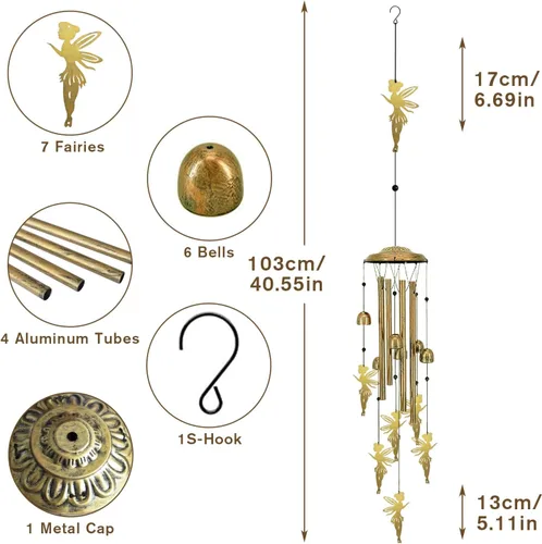 Vista 4 de Campanillas de viento únicas para exteriores – Campanillas de viento grandes de hadas para decoración al aire libre, hogar, césped, porche, patio