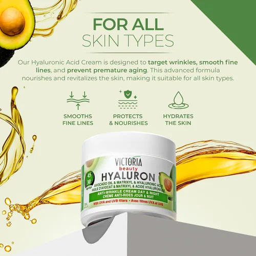 Vista 2 de Hyaluron Crema antiarrugas con aceite de aguacate - para piel madura (edad 30 +) - Crema natural intensiva para día y noche con filtros UV