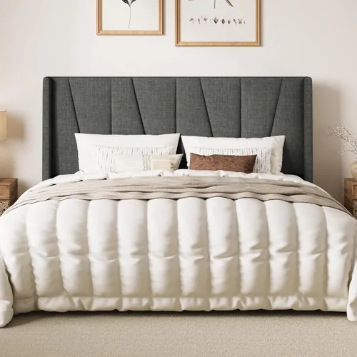 Vista 14 de SHA CERLIN Base de cama tamaño Queen con cabecera geométrica con respaldo de ala, plataforma tapizada con soporte de listones de madera, espacio Gris