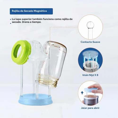 Vista 3 de YOTIME Kit limpiador de botellas de viaje 6 en 1 con estante de secado de Azul