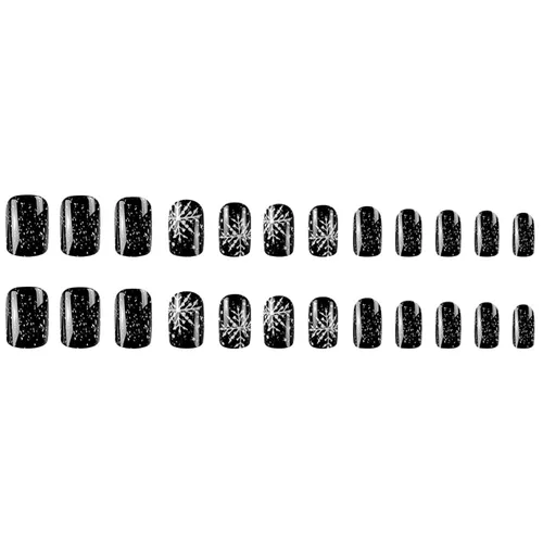 Vista 4 de Uñas postizas a presión con copos de nieve, uñas postizas cuadradas cortas de Navidad, uñas acrílicas negras con purpurina, kit de uñas postizas