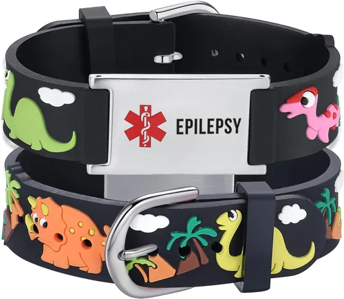 Vista 28 de LinnaLove Medical Alert ID Bracelet – Custom or Pre-Engraved, QR Code Available,Blue Dinosaur Band