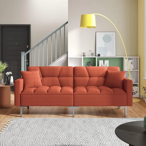 Vista 10 de Sofá cama plegable de tela moderna tapizado de lino con 2 almohadas y marco de metal para espacios pequeños compactos, dormitorio, sala de estar