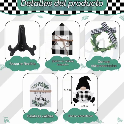 Vista 2 de Yalikop 10 piezas de decoración de granja para bandeja escalonada, gnomo de madera de búfalo blanco y negro, mini letrero rústico para decoración