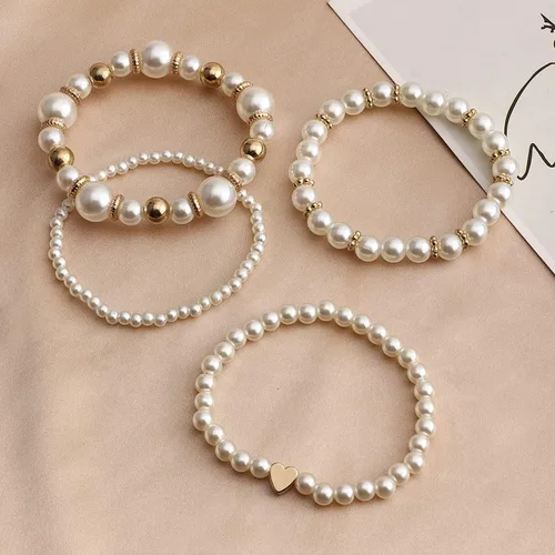 Vista 4 de Caiyao Temperament Fashion Imitated Pearl apilable capas pulseras declaración grande de perlas de imitación corazón brazalete blanco redondo perla