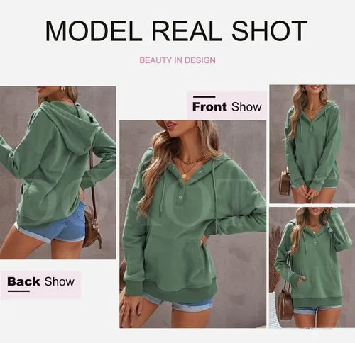 Vista 4 de Dokotoo - Sudaderas con capucha para mujer, con cuello de botón y cordón de ajuste, sudaderas casuales de manga larga