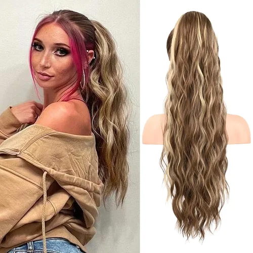Vista 9 de FLUFYMOOZ Extensión de cola de caballo de 22 pulgadas, extensiones de cabello sintético ondulado largo y rizado para mujer