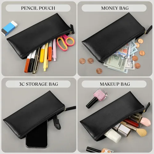 Vista 2 de Estuche para lápices MROCO Bolso negro para lápices Estuche de cuero PU para bolígrafos Pequeña bolsa con cremallera para lápices, bolígrafos