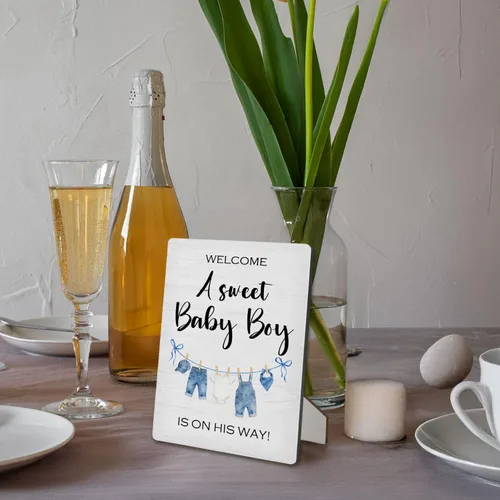 Vista 6 de Letrero azul de bienvenida para baby shower, mesa de ducha de niños y bebés, soporte de madera de 5 x 7 pulgadas, decoración de «A Sweet Baby Boy Is