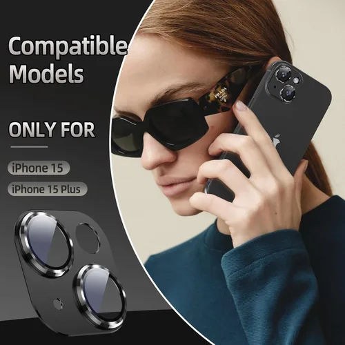 Vista 6 de Korecase Protector de lente de cámara para iPhone 15/iPhone 15 Plus, protección contra caídas, resistente a los arañazos, cubierta de cámara de Negro