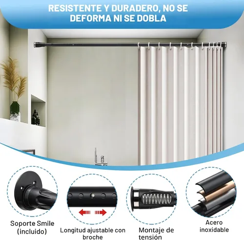 Vista 2 de Barra de cortina de tensión, de 42 a 100 pulgadas, ajustable, resistente, negra, barra de cortina de ducha para baño, armario, ventanas