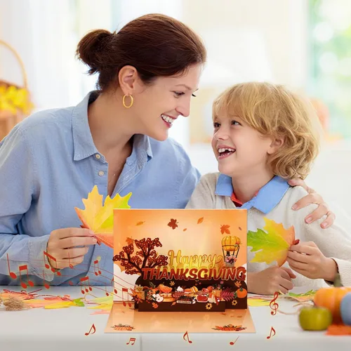 Vista 2 de D4DREAM Tarjeta musical de Acción de Gracias con luz, tarjetas y sobres de Acción de Gracias 3D para adultos, niños, novio, novia, decoración