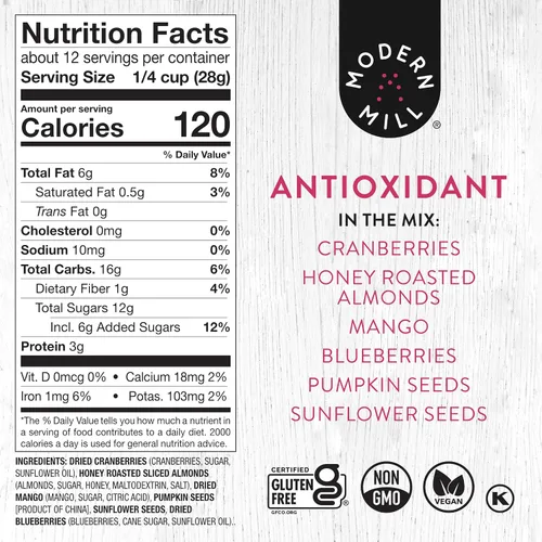 Vista 3 de Modern Mill Complemento para Ensalada Antioxidante de Gourmet Nut - Mezcla de Frutos Secos (Almendras), Arándanos Secos y Azucenas, Semillas