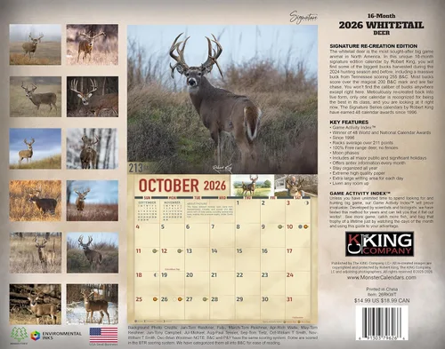 Vista 2 de Calendario de pared de venado cola blanca monstruo 2026, 16 meses, tamaño XL, 14x22, Calendario Big Buck Rack de The KING Company - Calendarios