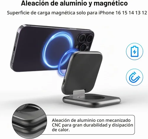 Vista 3 de KUXIU - Mini cargador inalámbrico plegable 2 en 1 para Apple, estación de carga magnética de aleación de aluminio compatible con iPhone Gris