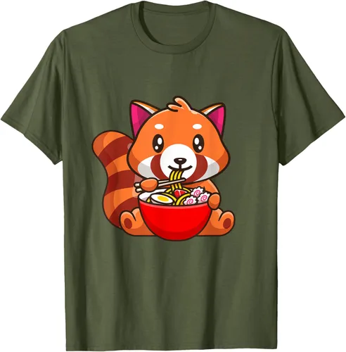 Vista 30 de Camiseta Kawaii Anime Red Panda Eating Ramen Noodles, Negro, S