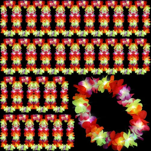 Vista 24 de Sherr 24 piezas de collares de flores hawaianas con luces LED para boda, luces LED para luau, collares de flores hawaianas para playa, carnaval