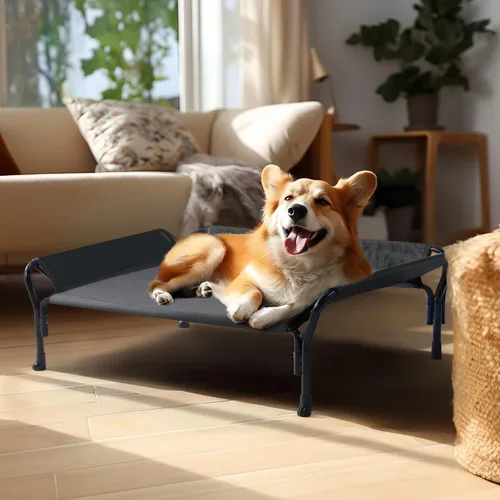 Vista 7 de Veehoo Cama elevada refrescante para perro, cuna elevada para mascotas con barandilla y reposacabezas inclinado, malla Teslin transpirable duradera