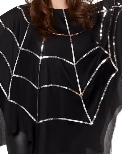 Vista 2 de Spirit Halloween Poncho de tela de araña de lentejuelas para adultos Disfraz de araña para adultos Disfraz de poncho de telaraña