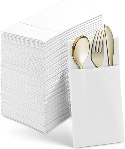 Vista 10 de Paquete de 50 servilletas desechables de lino con bolsillo integrado para cubiertos, tela preplegada azul como servilletas de papel para bodas
