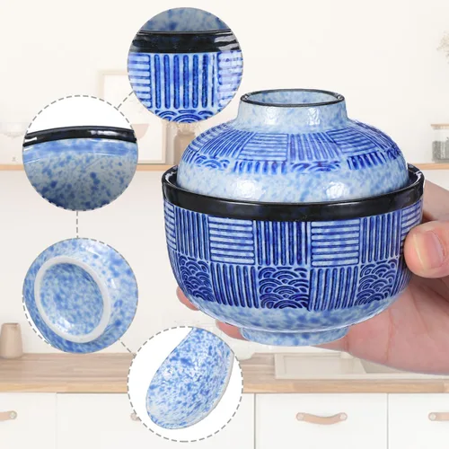 Vista 3 de Kichvoe Juego de cuencos de sopa de cerámica japonesa con tapa y cuchara, cuenco de miso/ramen de 4 pulgadas/8.45 onzas para fideos, arroz, cenas