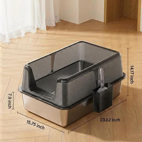 Vista 2 de Caja de arena para gatos de acero inoxidable, caja de arena de metal cerrada XL con tapa y filtro de arena lateral, diseño antiadherente antifugas