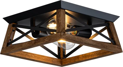 Vista 11 de Lámpara de Techo Estilo Granja, Lámpara de Techo Empotrada Redonda de 2 Luces con Marco de Madera y Metal, Luminaria Rústica Negra para Pasillo