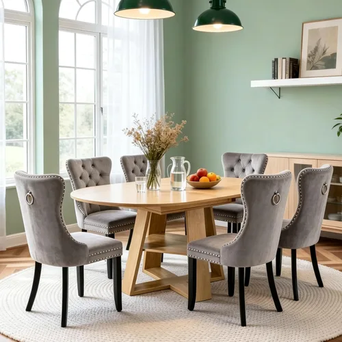 Vista 23 de Juego de 4 mesas de comedor redondas de 5 piezas para 4, 43.3 a 59 pulgadas, extensibles, redondas a ovaladas, juego de 4, mesas de comedor de Mesa