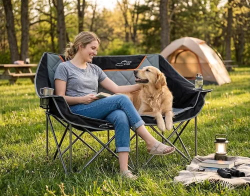 Vista 2 de FAIR WIND Silla de camping plegable totalmente acolchada de gran tamaño, sofá de dos plazas, sofá de campamento, silla doble duo, silla de brazo