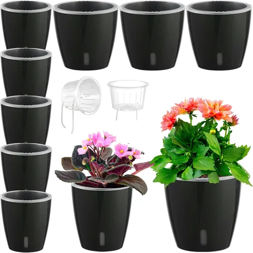 Vista 11 de Macetas de riego automático para plantas de interior, paquete de 16 macetas de riego automático con orificios de drenaje, macetas pequeñas