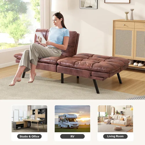 Vista 6 de Opoiar Sofá cama de piel sintética, futón de espuma viscoelástica, plegable, sofá compacto acolchado con patas de metal, moderno sofá biplaza Marrón