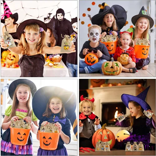 Vista 7 de LOKIPA 36 bolsas de regalo de arpillera de Halloween con cordón pequeñas bolsas de yute para niños y adultos, suministros de fiesta