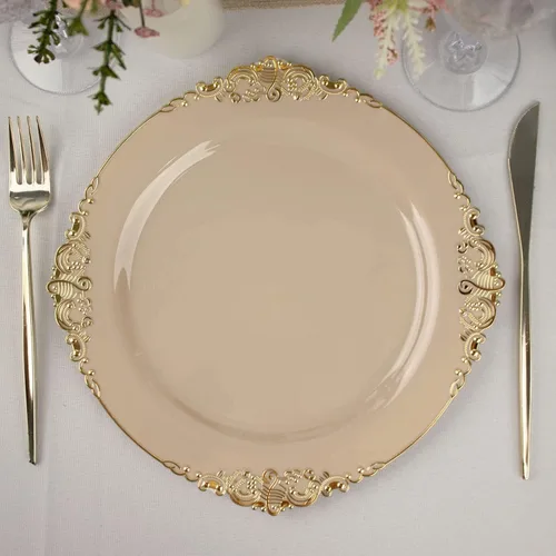 Vista 18 de Paquete de 10 platos redondos de plástico barroco dorado de 8 pulgadas para ensalada de postre, vajilla desechable con borde dorado en relieve