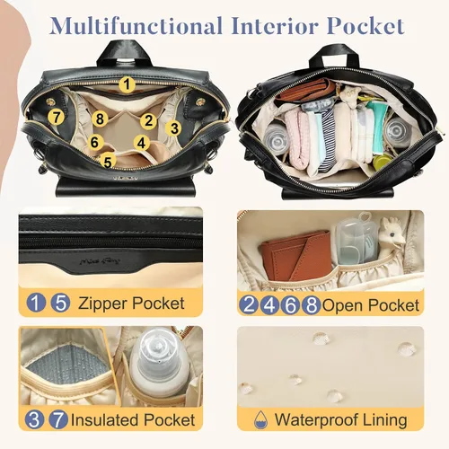 Vista 3 de Miss Fong Mochila de cuero para pañales - Bolsa de pañales para bebé con 13 bolsillos, cambiador, correas para cochecito, 4 bolsillos aislados Negro