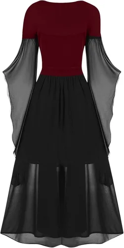 Vista 4 de Vestido punk gótico para mujer, conjunto bohemio gótico de cintura alta, vestido de hada, vestido de manga de mariposa con hombros descubiertos