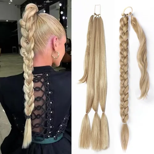 Vista 8 de EMMOR Extensión de cola de caballo larga trenzada con cabello lacio envolvente, extensiones de cabello sintético suave y saludable para mujeres