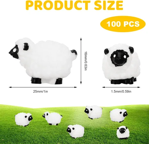 Vista 2 de 100 mini figuras de oveja blanca en miniatura de resina de ovejas pequeñas, lindas figuritas pequeñas de hada al aire libre, adornos de musgo, Negro