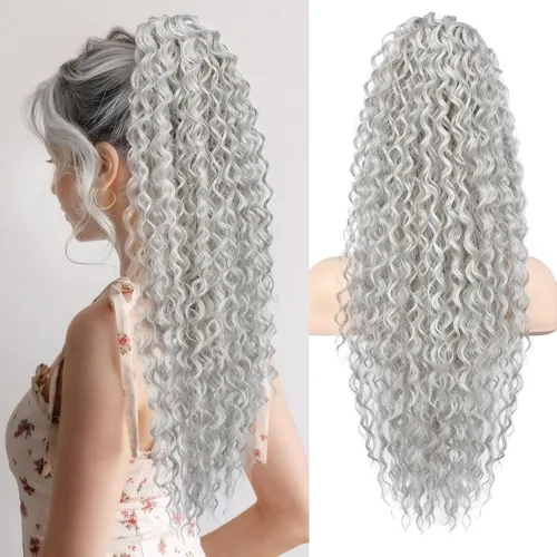 Vista 24 de Flufymooz Extensión de cola de caballo, 22 pulgadas, estilo bohemio, con cordón, extensiones de cabello para mujer, cola de caballo larga, rizada