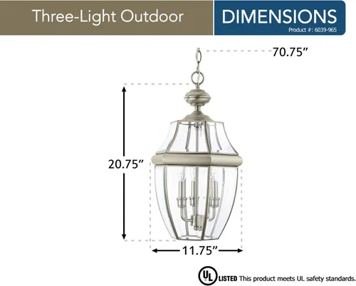 Vista 2 de Generation Lighting 6039-965 Lancaster - Linterna colgante tradicional de tres luces para exteriores, acabado de níquel cepillado antiguo, 40 vatios