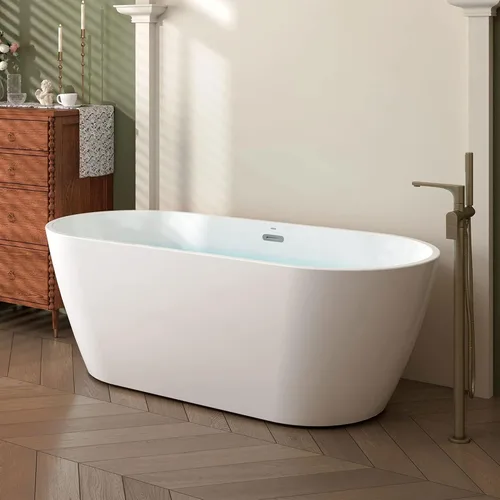 Vista 7 de FerdY Bali - Bañera de acrílico independiente, bañera de inmersión independiente con forma graciosa, certificado CUPC blanco brillante, drenaje