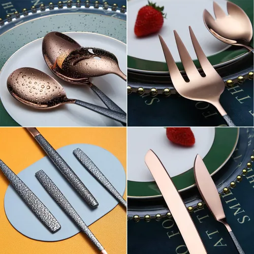 Vista 7 de Juego de servir de metal con cabeza de cobre brillante, 10 piezas, incluye servidor para pasteles, cuchara y tenedor de ensalada, cucharón