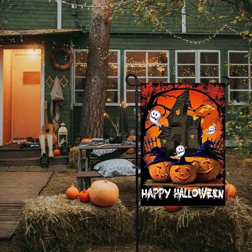 Vista 4 de Bandera de jardín de Halloween de 12.5 x 18 pulgadas, diseño de fantasmas de calabaza, bandera decorativa de doble cara para casa de campo, patio